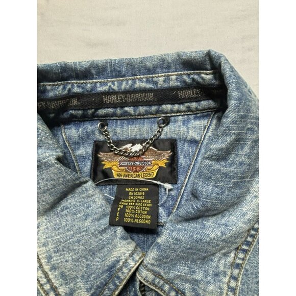 Harley Davidson Womens Jacket Size XL Blue Trucker Biker Denim Jean Pearls Y2K - Picture 3 of 10
